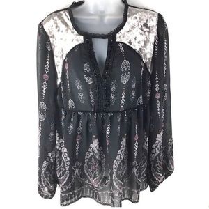 Knox Rose Long Sleeve Boho Velvet Sheer Shirt